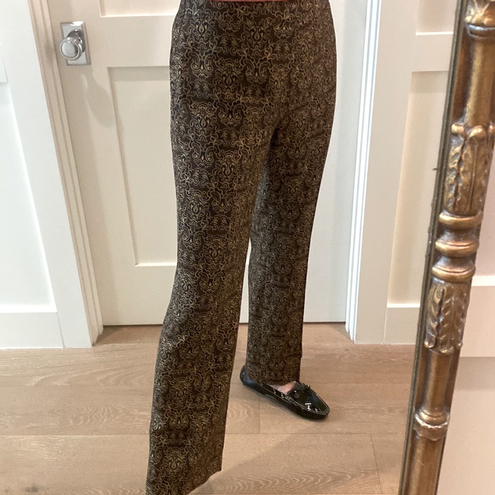 Harold’s damask print chocolate black tan pants trousers lined slacks silk 8